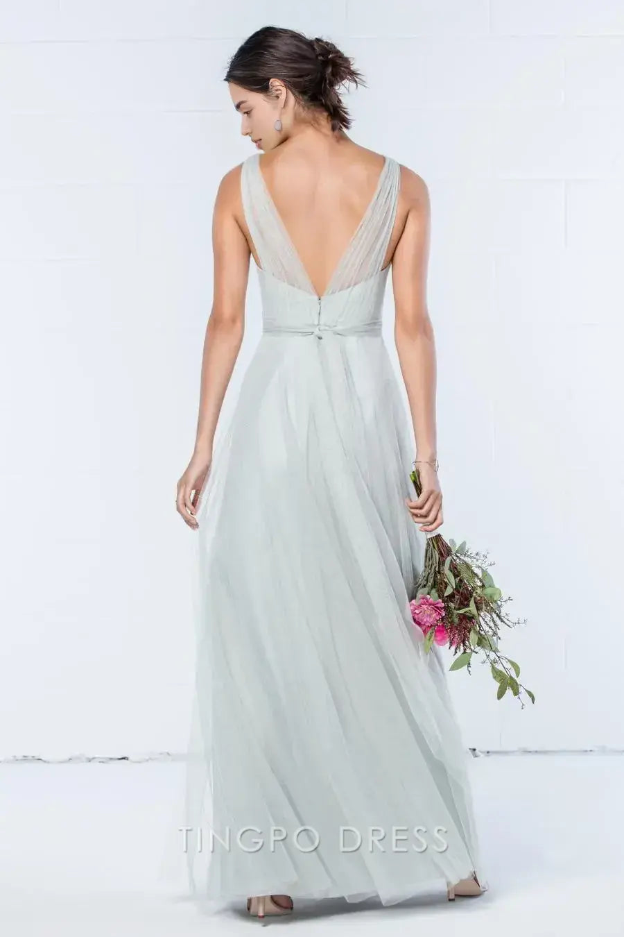 TingPo Wholesale Elegant Light Grey Tulle Deep V Dress - Sleeveless Wrap Style Maxi Evening Gown